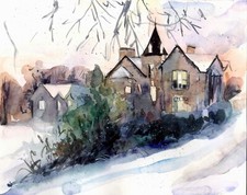 Dipinto acquerello originale vecchio dipinto castello inglese paesaggio invernale accogliente