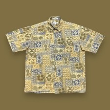 Vtg Hawaiian Shirt Pineapple Fish Button Up Camp Aloha 90s y2k Cotton Tan LT