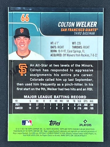 COLTON WELKER RC 2022 Stadium Club Chrome Rookie Card #66 San Francisco Giants - Picture 2 of 2