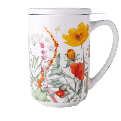 Porcelain Tea Mug With Infuser And Lids 18 Oz Large Cup Strainer With Bag Holder
