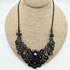 Vintage Black Lace Look Necklace Rhinestone Choker Victorian Gothic Filigree