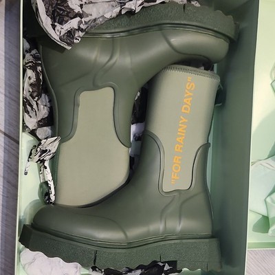Off-White New Rubber Neoprene Waterproof Rain Boot Green Logo Accents EU 38