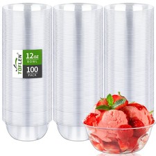 12 oz Clear Plastic Bowls, 100 Pack Disposable Small Hard Plastic Serving Bow...