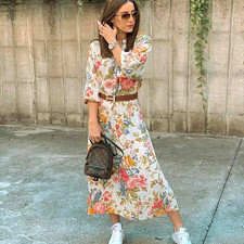 ZARA ECRU FLORAL PRINT MIDI FLOWING DRESS SIZE S UK 8 10