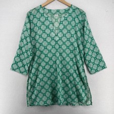 Indian Tunic Top Womens M Kurti Chakra 3/4 Sleeve Split Neck Cotton Green
