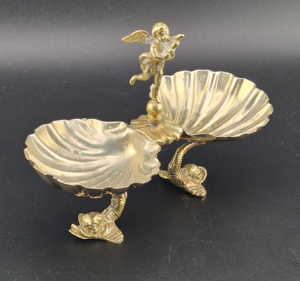 Antique Brass Figural Angel Cherub Dolphin Nickle Silver Shell