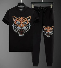 New Men Luxury Tiger Rhinestones Set Black T-Shirt Pants Suit High Quality Set