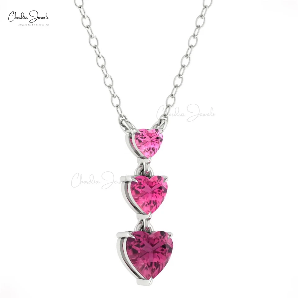 Collar Corazón Boda Piedras Preciosas Turmalina Rosa 5mm Con Colgante Oro Sólido 14k Foto 3 de 4