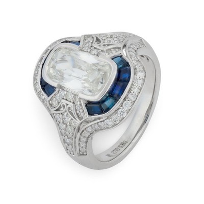 GIA 1,68 Karat Old Mine Cut Diamant Saphir 18k Weißgold Ring