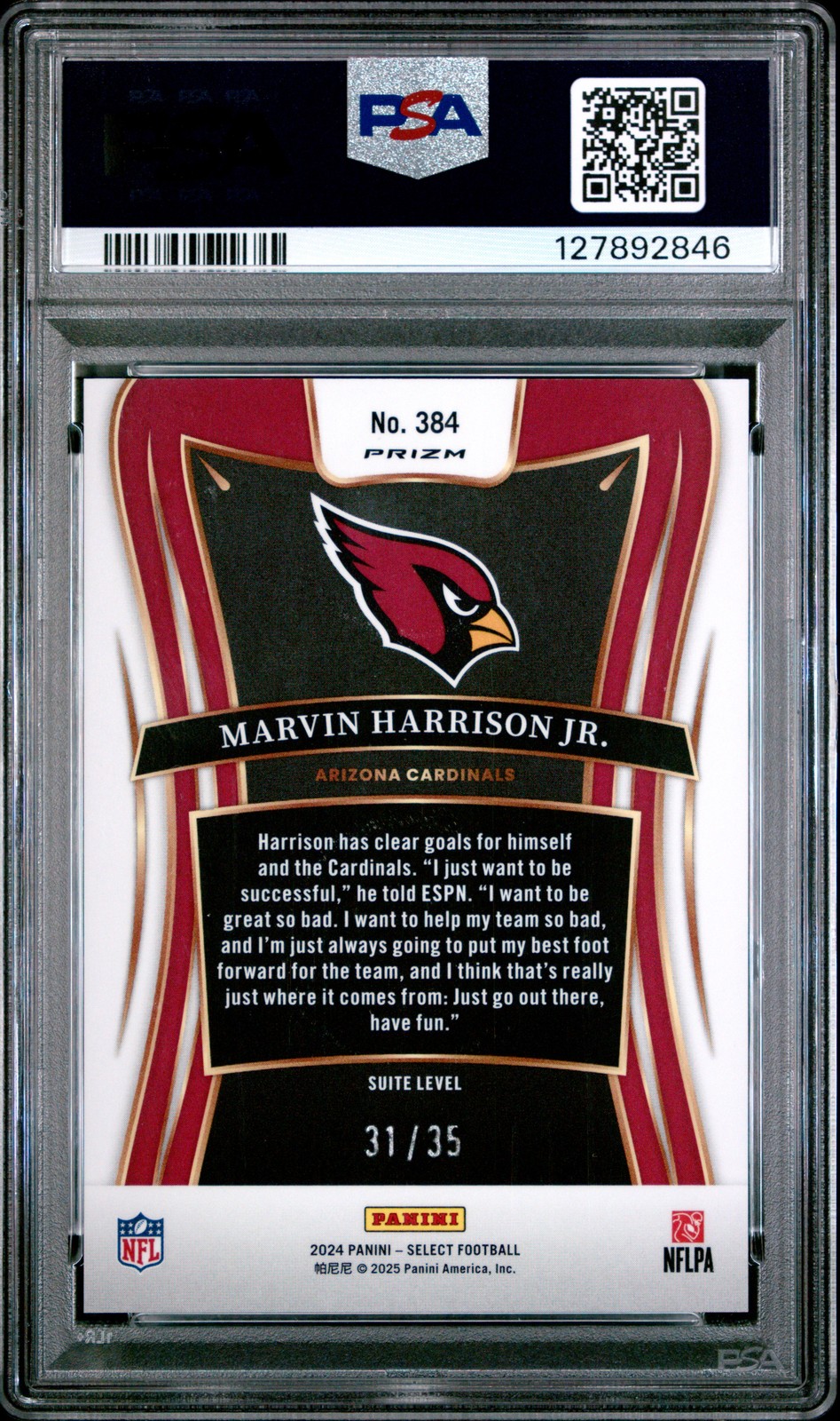 2024 PANINI SELECT WHITE PRIZM #384 MARVIN HARRISON JR. 31/35 PSA 9 view 2