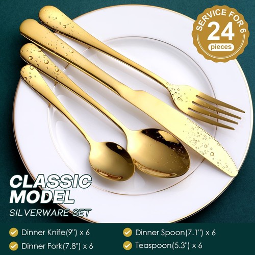 Gold Silverware Set 24-Piece Gold Forged Stainless Steel Flatware Set Service... - Picture 2 of 6