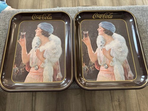 Vintage SET Of 2 - 1973 Coca Cola Party Girl Flapper Serving Trays   Advertising