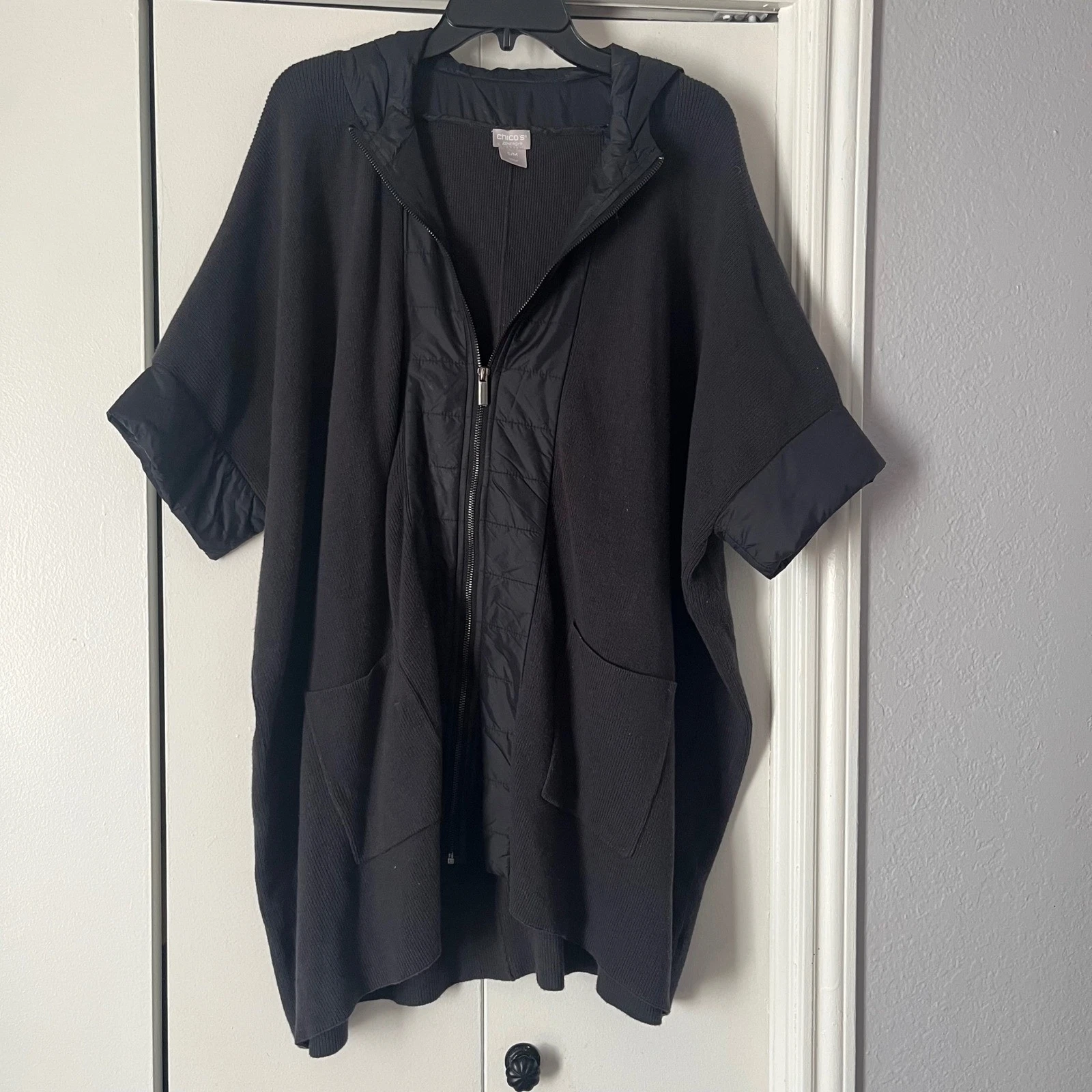 Chicos Zenergy Black Quilted Knit Hooded Poncho Cape Cardigan Sweater S M