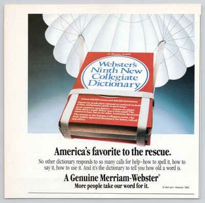 Websters Dictionary Merriam-Webster Definitions School 1985 Print Ad
