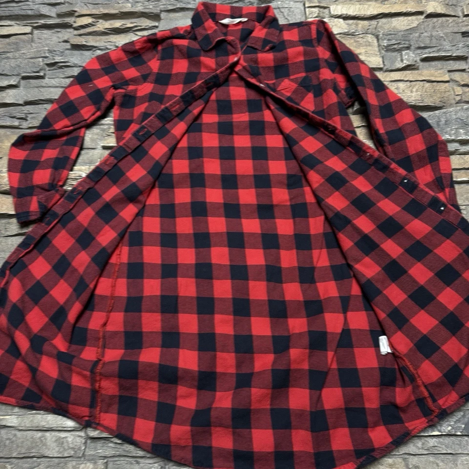 Vestido Camisa Woolrich Mujer Pequeño Franela a Cuadros Negro Rojo Con Botones Otoño Bonito Foto 3 de 4