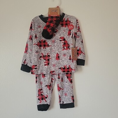 Christmas Dinasaur 2-Pc Pajamas Set Plus Socks Lets Get Cozy Size 3T Red Black