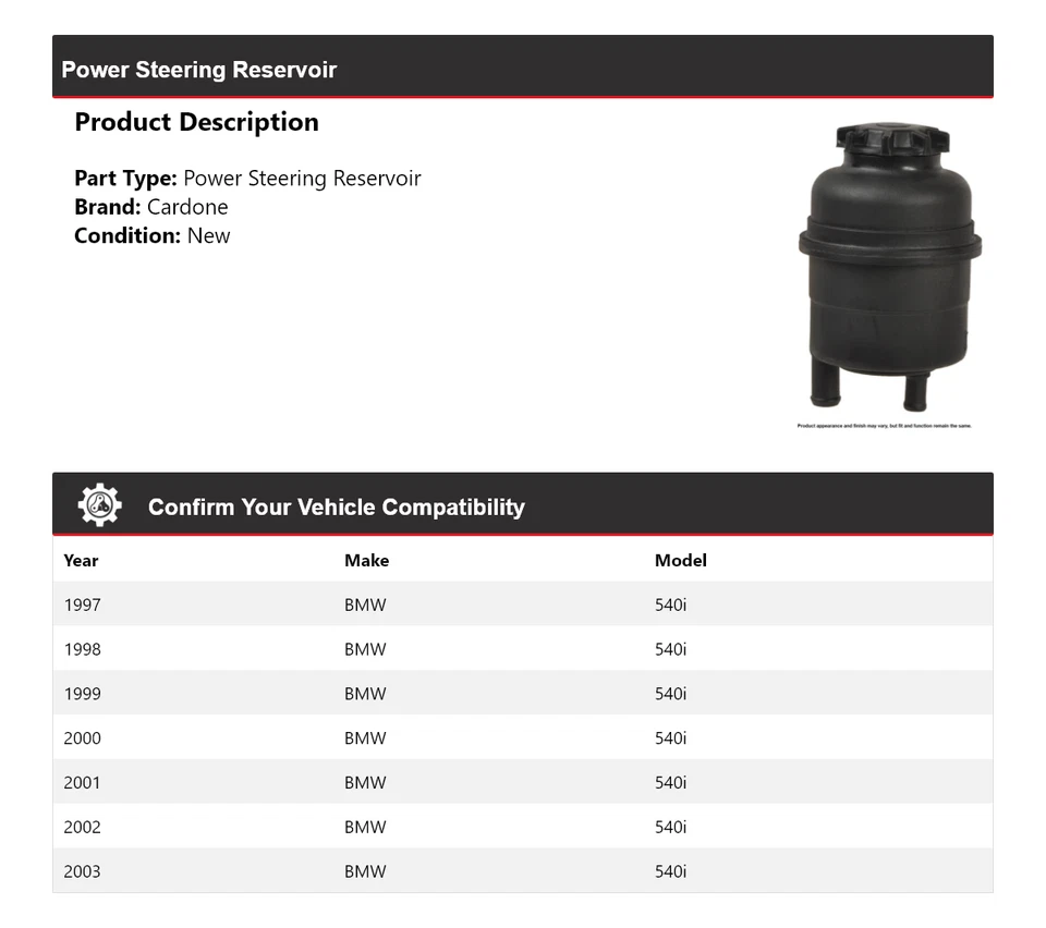 Depósito de dirección asistida Cardone para BMW 540i 1997-2003 1998 1999 2000 2001 2002 Foto 2 de 4