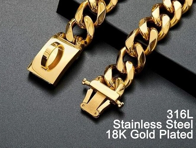 Gold plated Stainless Steel Dog Cuban link Chain Collar Secure Buckle 16 mm 26" - Image 3 of 4