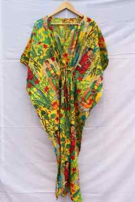 Frida Kahlo Bedruckter Baumwollkaftan Damen Langes Poncho Kleid Strandmode So...