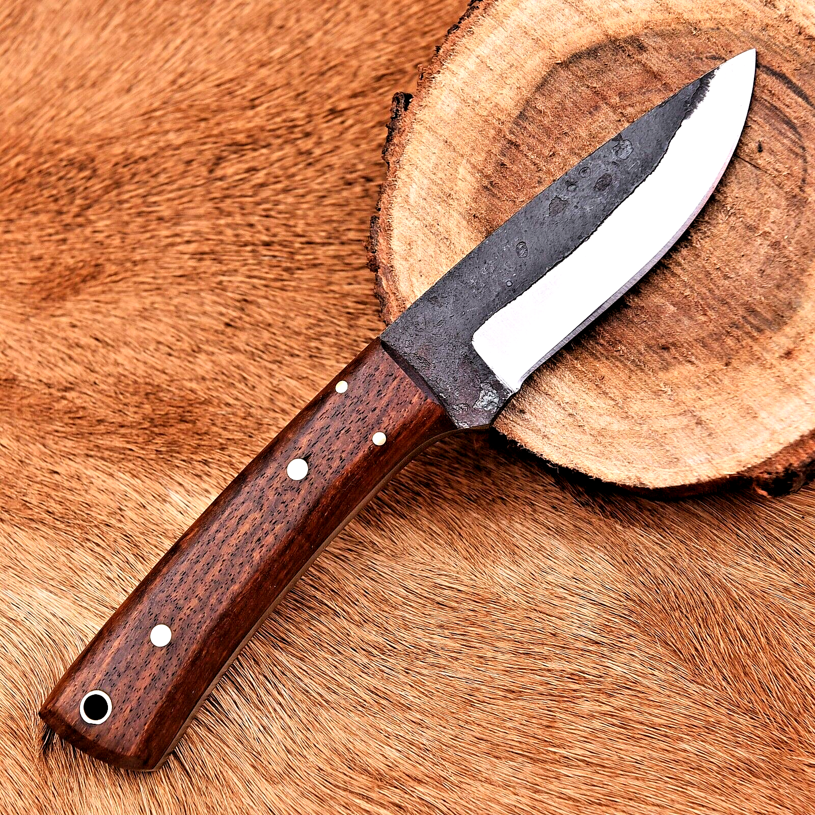 Custom Forged Carbon Steel Skinning Hunting Knife with Wood Handle 2924