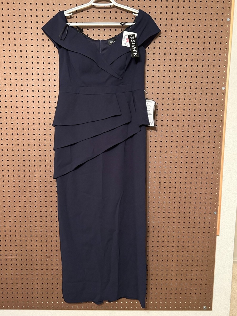 Few専用 NWT XSCAPE Navy Blue Off the Shoulder Scuba Crepe Gown Dress