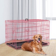 24/30/36/42/48 Inch Pink Dog Crate Kennel Folding Pet Cage Metal w/2 Doors Tray