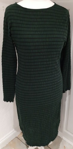 Jacqueline De Yong Size L 14 Bottle Green Black Stripe Stretch Crinkle Dress - Picture 2 of 4