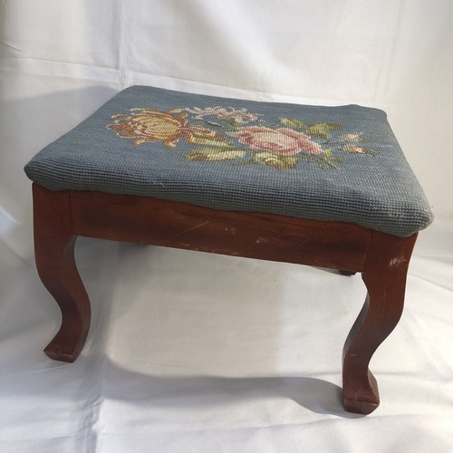 Vintage Floral Needlepoint Footstool Wool Rectangular Victorian Flowers Blue - Picture 7 of 12