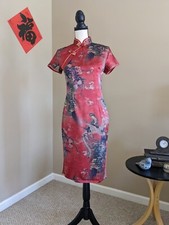 NEW Traditional Chinese Long Dress Women Red Cheongsam Qipao Faux Silk Size M