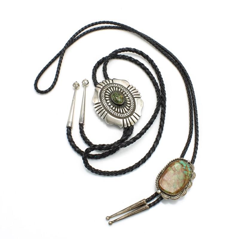 Signed Southwest Sterling Turquoise Overlay Feather Bolo Tie Lot of 2 #S5620-2