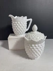 Vintage Fenton Hobnail Milk Glass Cream and Covered Sugar Bowl MCM