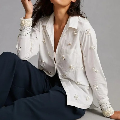 Maeve The Bennet Pearl Embellished White Button Down Shirt XS NWOT Anthropologie