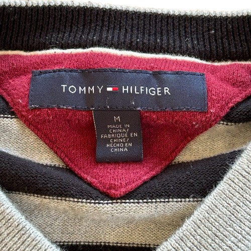 Tommy Hilfiger V-Neck Sweater Mens M Pullover Black and Gray Striped 100% Cotton - Bild 2 von 9