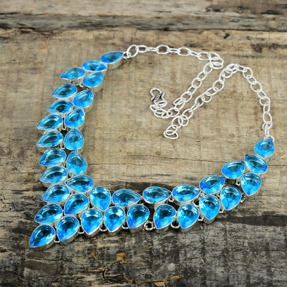 Collana Regolabile In Argento Sterling 925 Con Gemma Di Topazio Blu Fatta A Mano - Immagine 2 di 4
