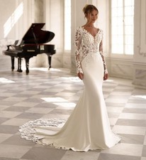 Crepe lace fit flare wedding dress wedding long sleeve ivory 32-60 sleeves with train