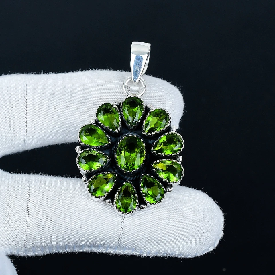 Peridot Gemstone Pendant 925 Sterling Silver Handmade Floral Pendant For Gifts - Image 2 of 4
