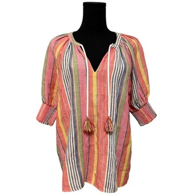 Sundays Linen Top Stripes Pom Pom Tassels Smocked Cuffs Coral Pink Size 1 Small