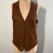 Vintage 90s Western Suede Leather Vest Brown Burgundy Satin Back Mens