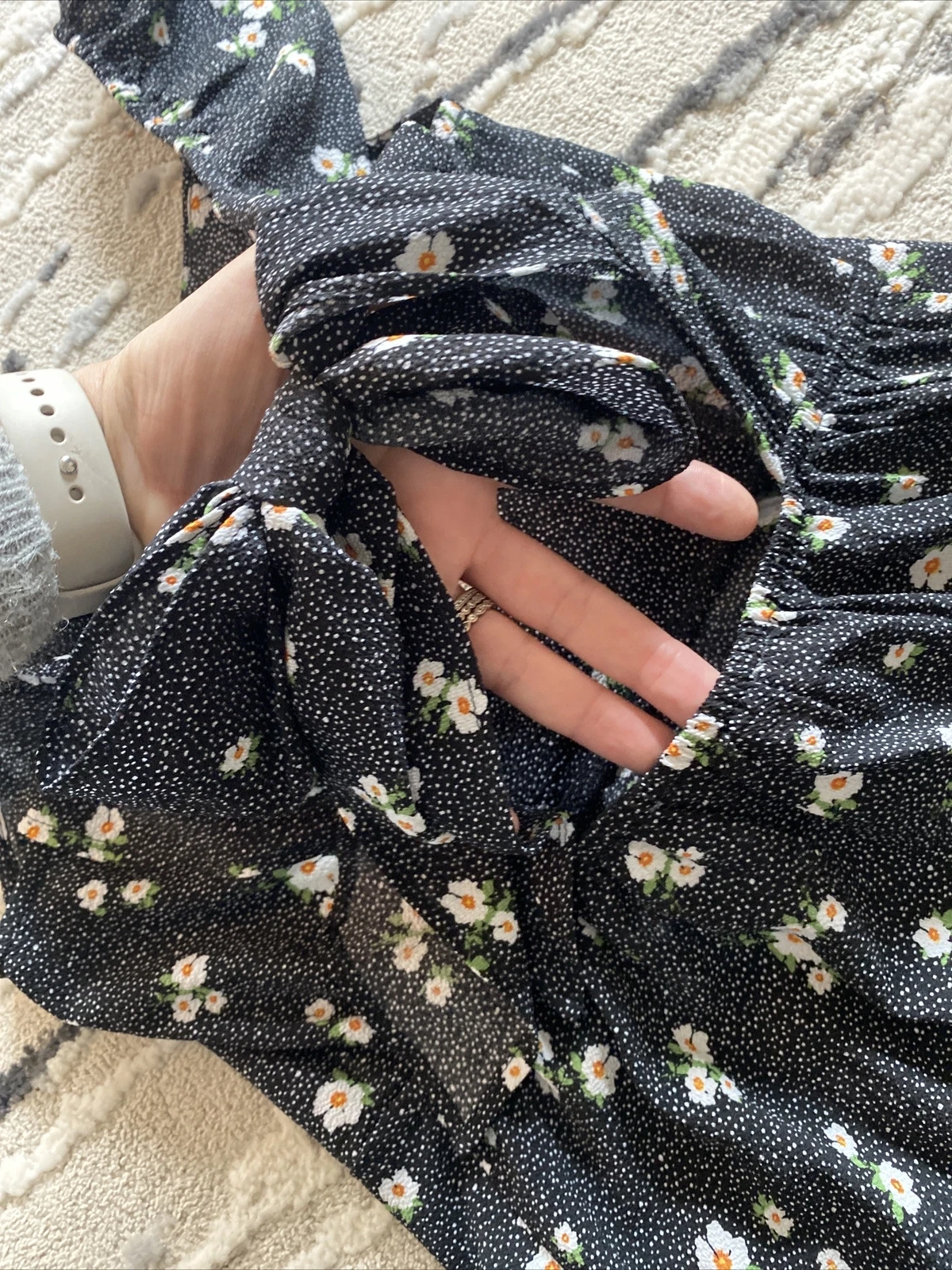 PALM ANGELS Abito donna Monteau nero floreale manica corta MIDI CottageCore a strati con volant