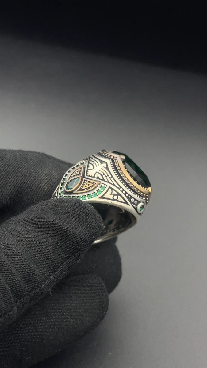 MASOP Men's Stainless Steel Wide Band Ring – Green Emerald Square Stone Statement Ring - View #11