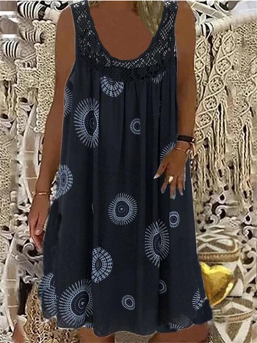 Womens Sleeveless Retro PRINT Summer Baggy Kaftan Lace Loose Top Dress Plus Size - Picture 8 of 25