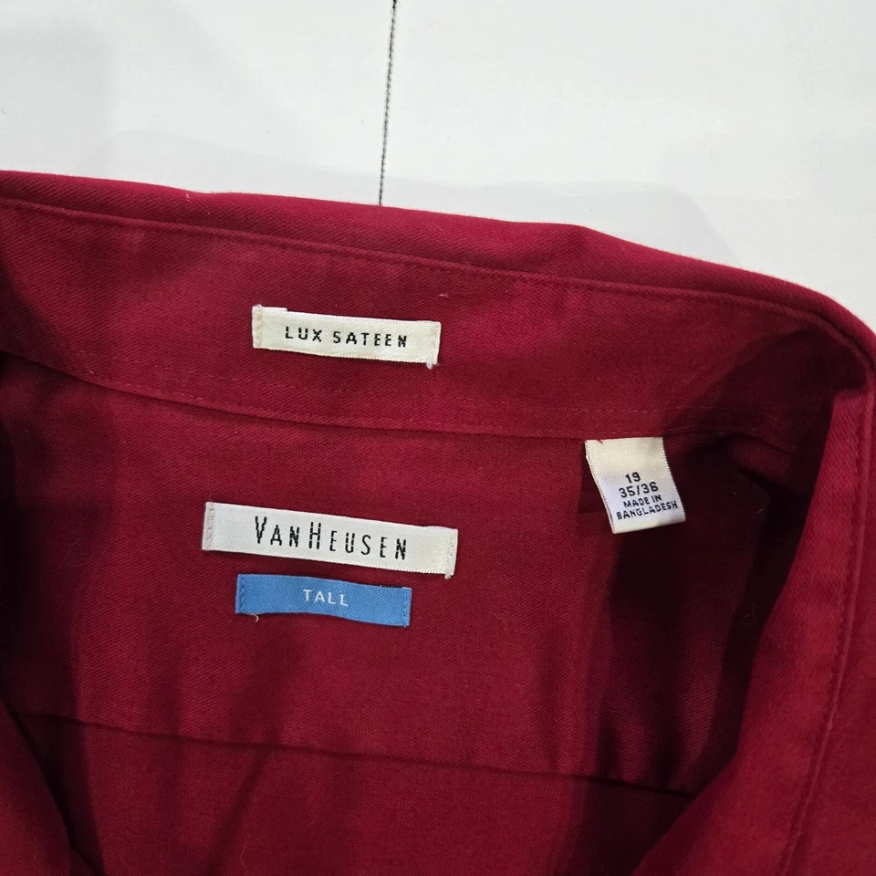 Van Heusen Men's Dress Shirt Lux Sateen Solid Red Button-down Size Tall 19 35/36 - Image 2 of 3