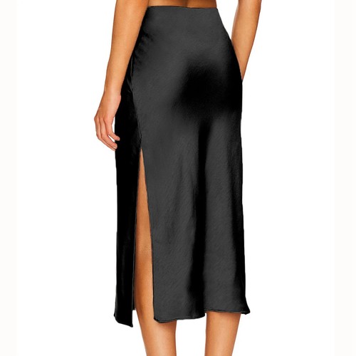 Side Split Women Satin Silk Midi Skirt High Waist Solid Color Elegant Skirts - Picture 6 of 28