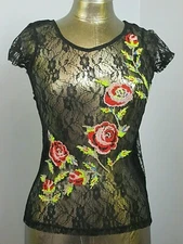 Candies Black Lace Top Knit Back Womens Size XS Chest 29 Embroidered 203-25326