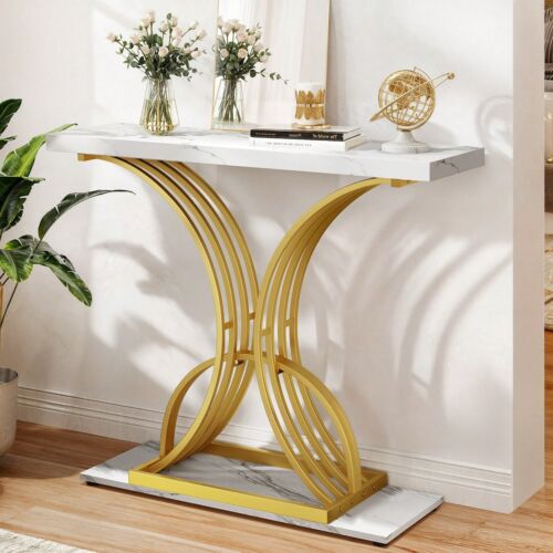 Modern Slim Console Table, Faux Marble Top,White & Gold for Entryway/Living Room