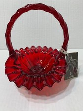 Ruby Red Paneled Glass Basket With Ruffled Edge And Twisted Handle