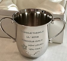 High Polished Baby Mug With Blue Engraved Nursery Rhyme and 2 Handles New In Box