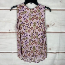 Elodie Top Juniors L Purple Geometric High Neck Blouse Sleeveless Woven Pullover