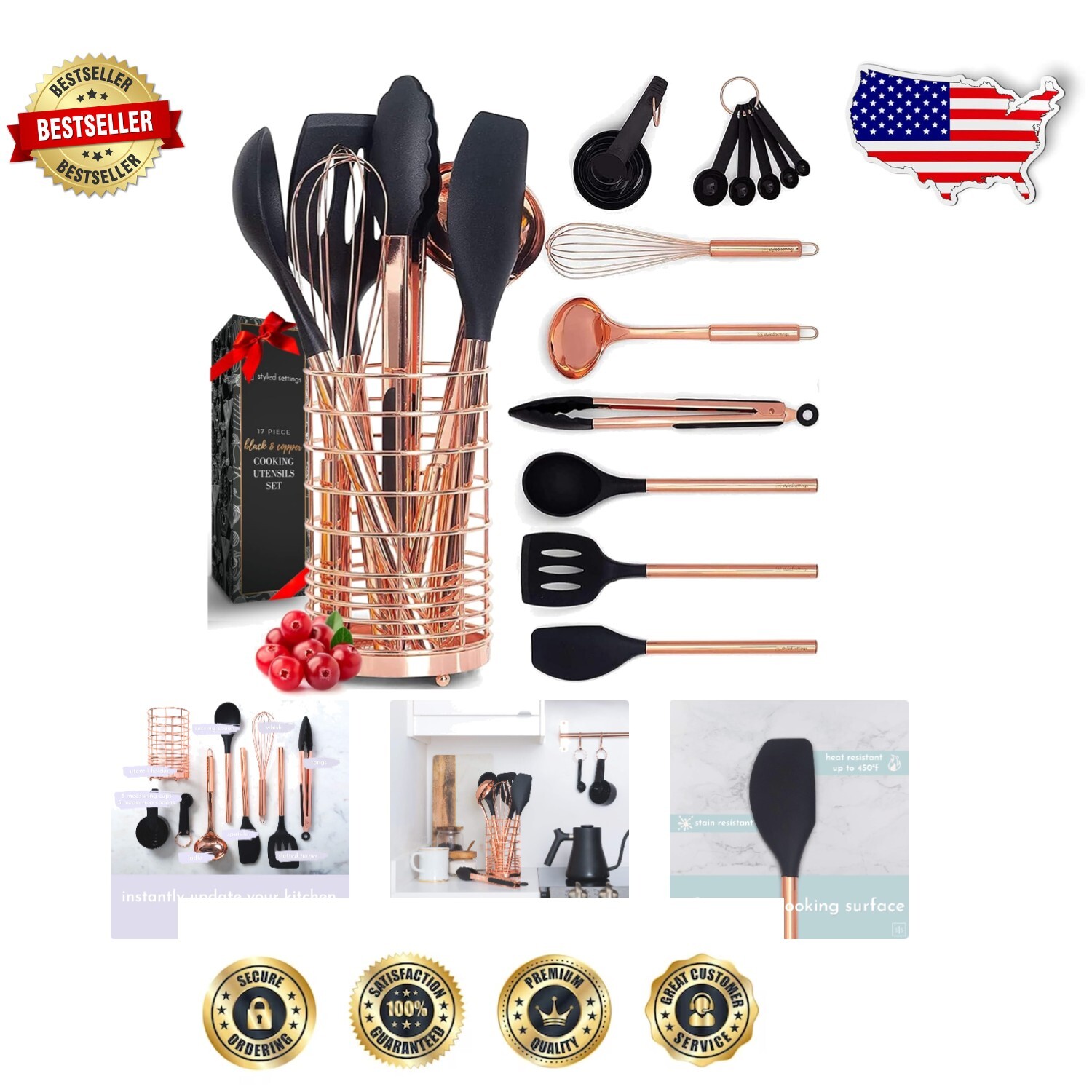 Elegant 17PC Black & Copper Kitchen Utensils Set with Copper Holder - Rose Gold