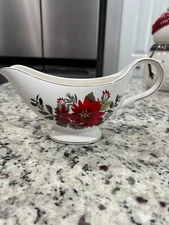 Plaid Poinsettia Fine Porcelain Footed Gravy Boat by Grace’s Teaware NWOT